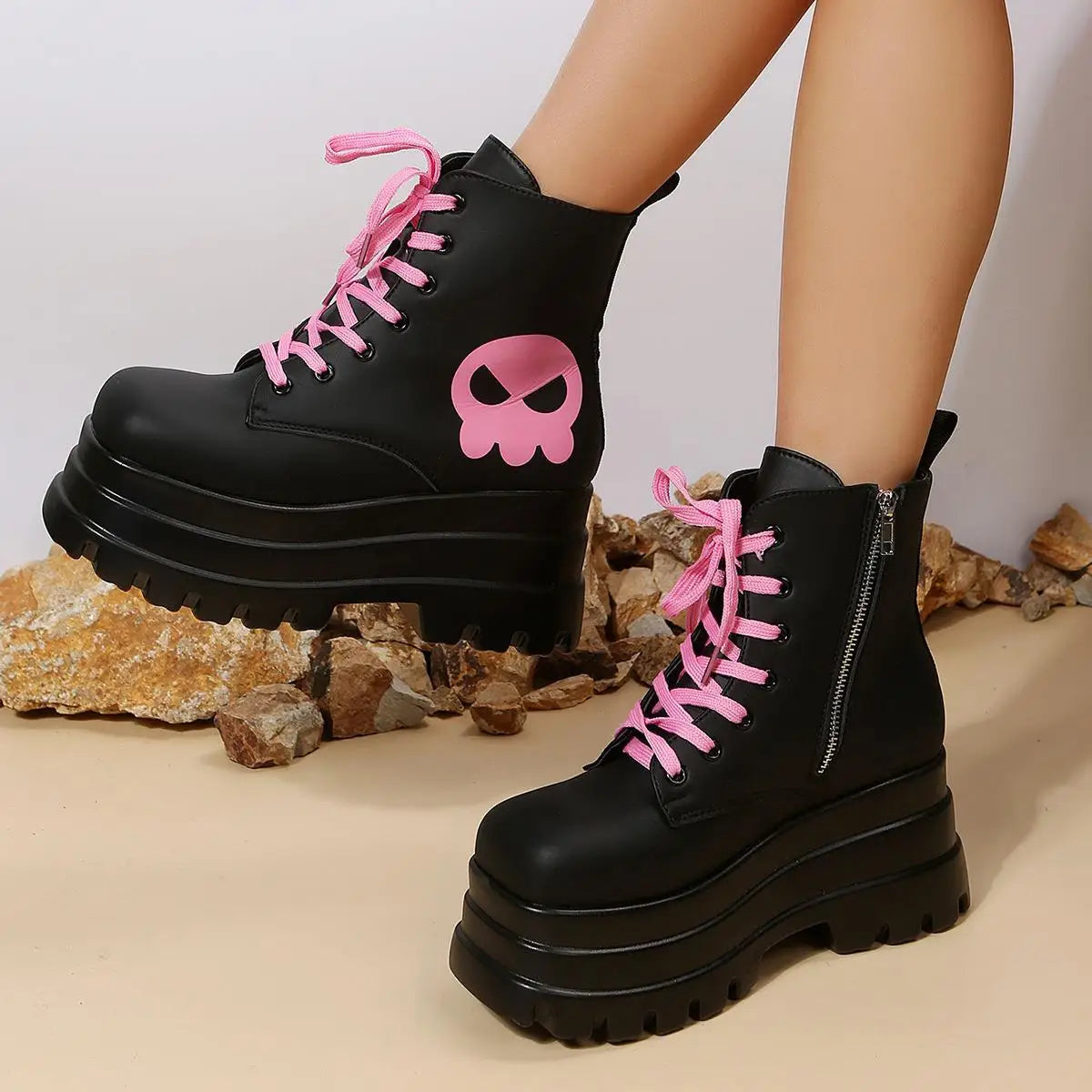 Black Pink Skull Combat Boots