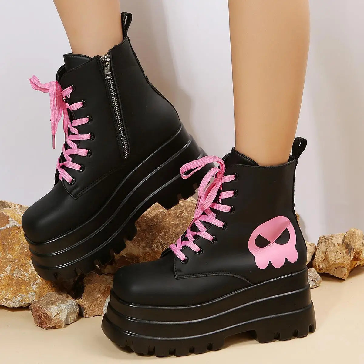 Black Pink Skull Combat Boots