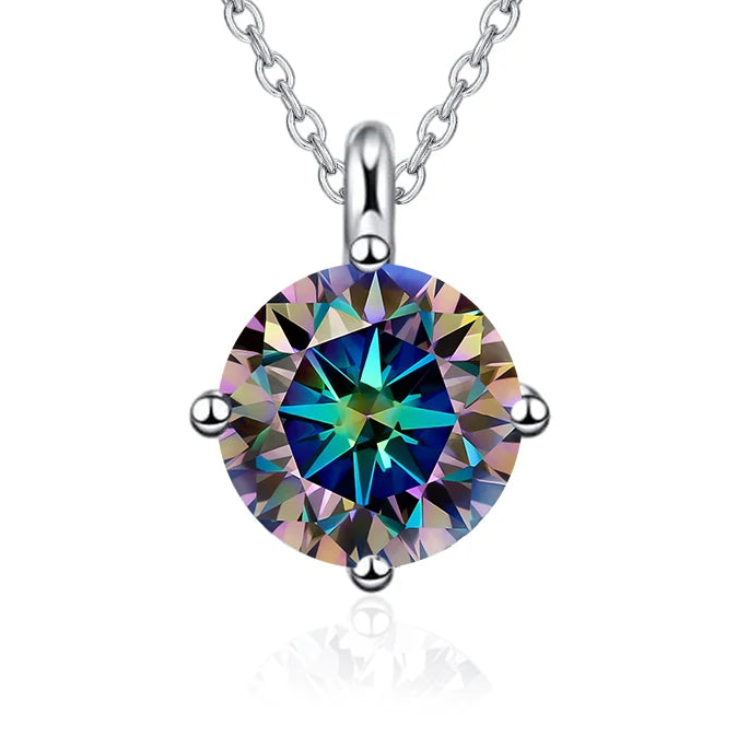 Multicolored gemstone necklace with silver chain on a white background, branded 'NeeTim'.