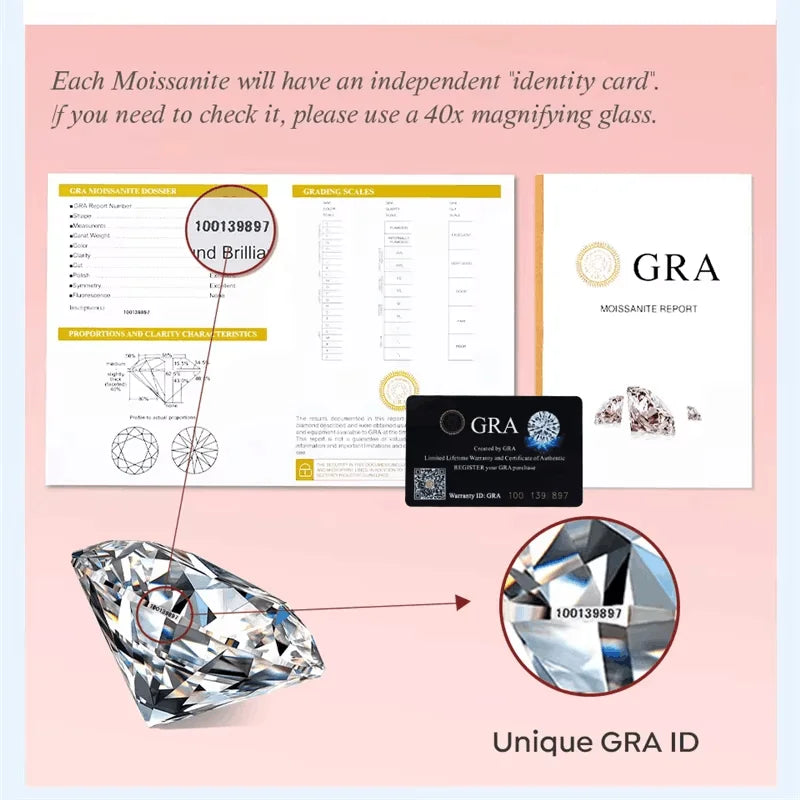 Moissanite with GRA certification card and magnifying glass on a pink background