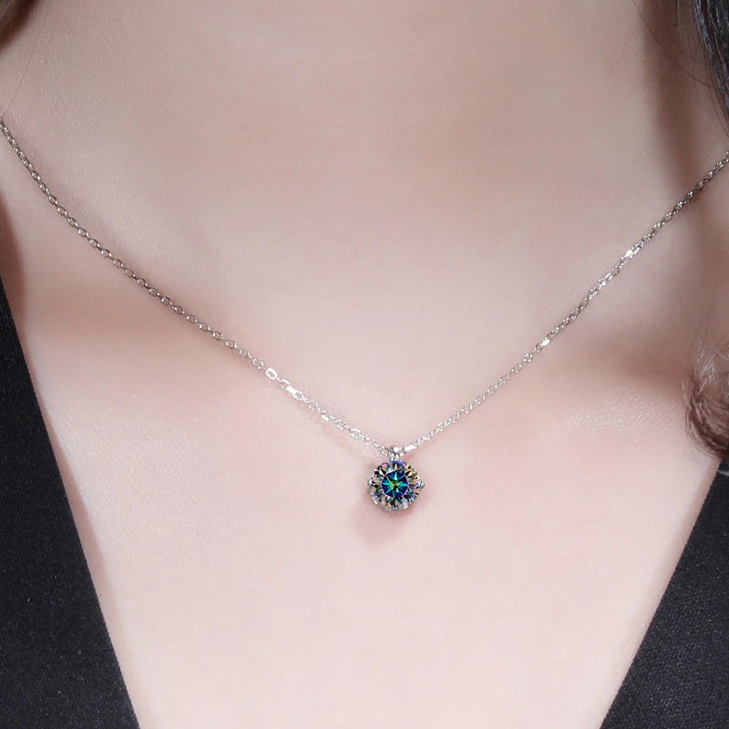 Necklace with a colorful pendant worn by a person