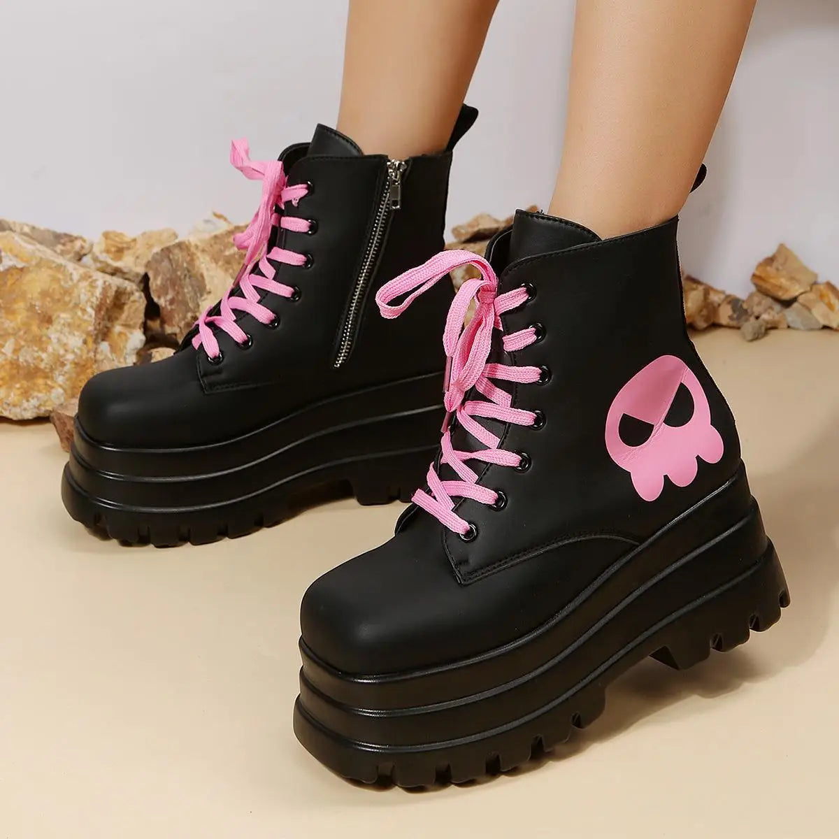 Black Pink Skull Combat Boots
