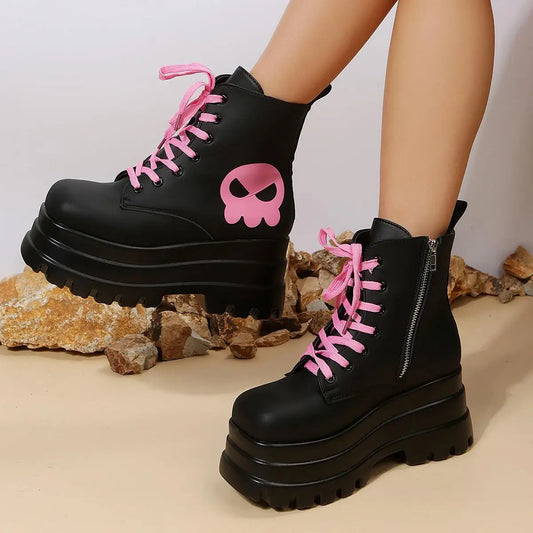 Black Pink Skull Combat Boots
