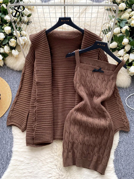 Knitted Cardigan Dress Two Piece Set