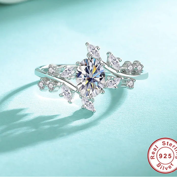 Silver ring with gemstone on a light blue background, featuring the Coderia brand.