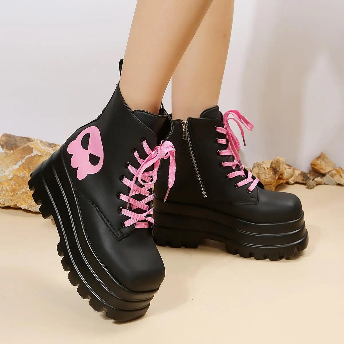 Black Pink Skull Combat Boots