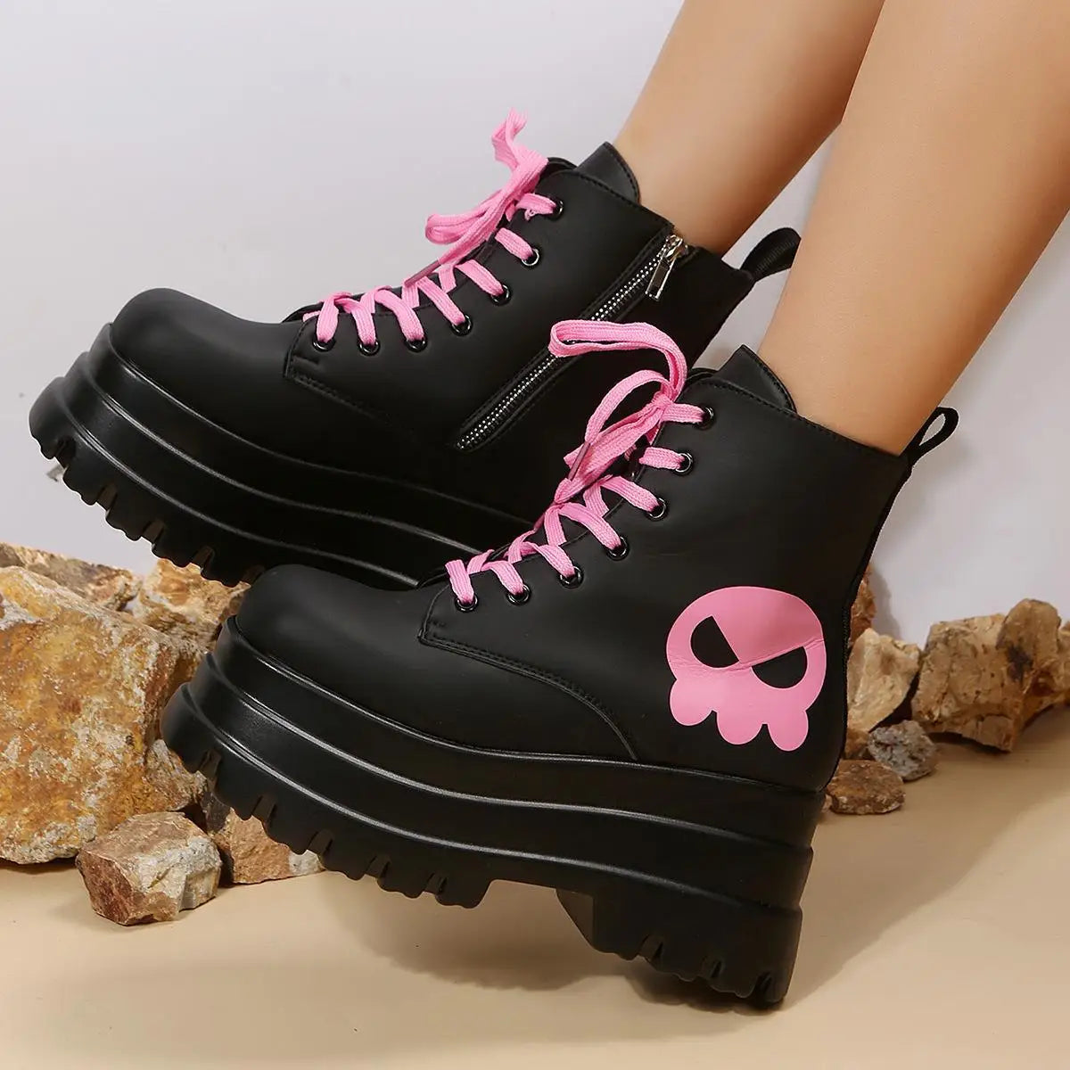 Black Pink Skull Combat Boots