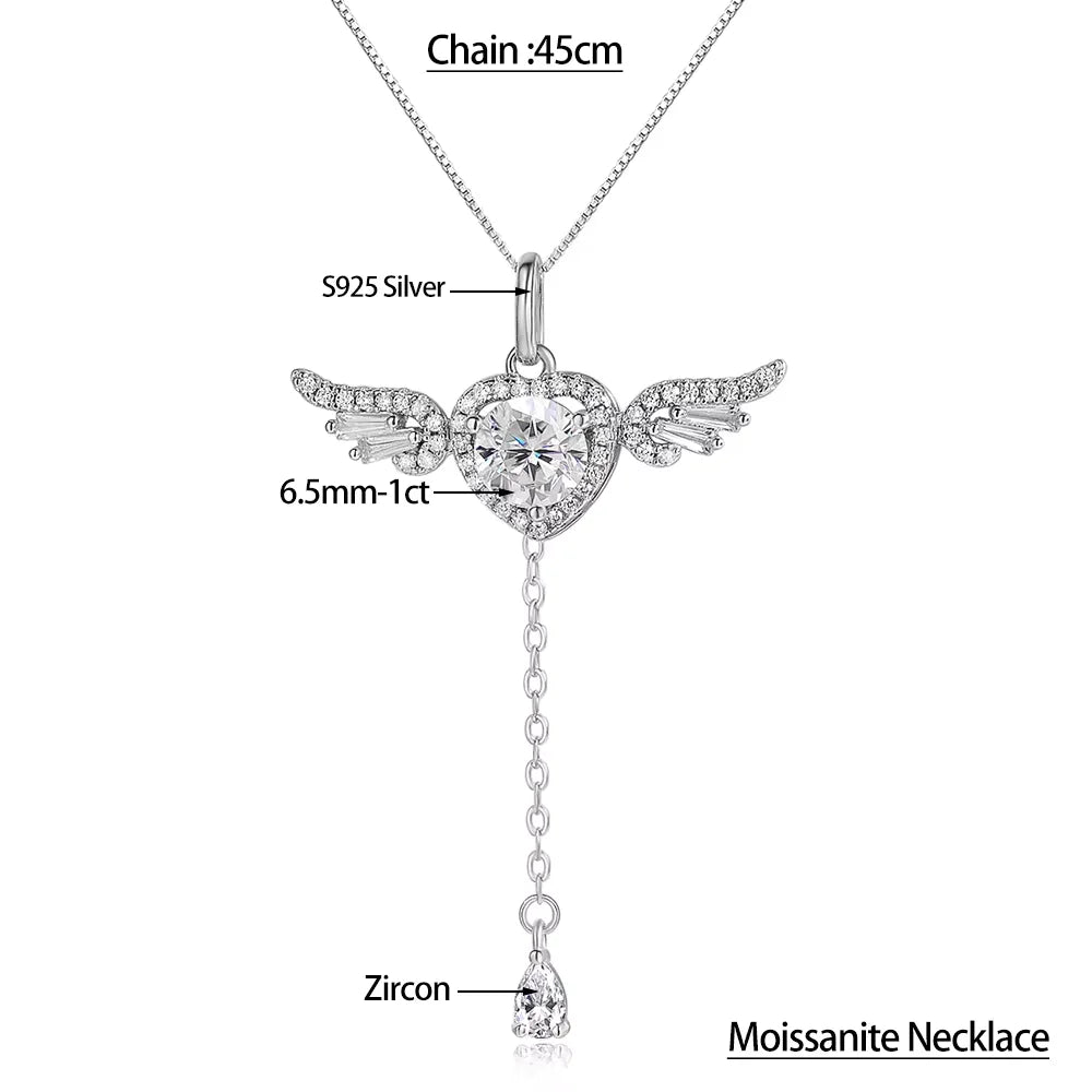 Moissanite necklace with heart-shaped pendant and chain details on a white background